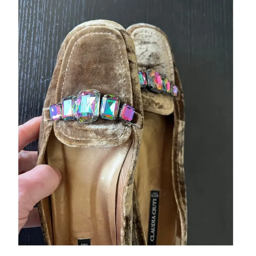 Stunning Claudia Ciuti Velvet Loafers with Faux Alexandrite Jeweled Accents